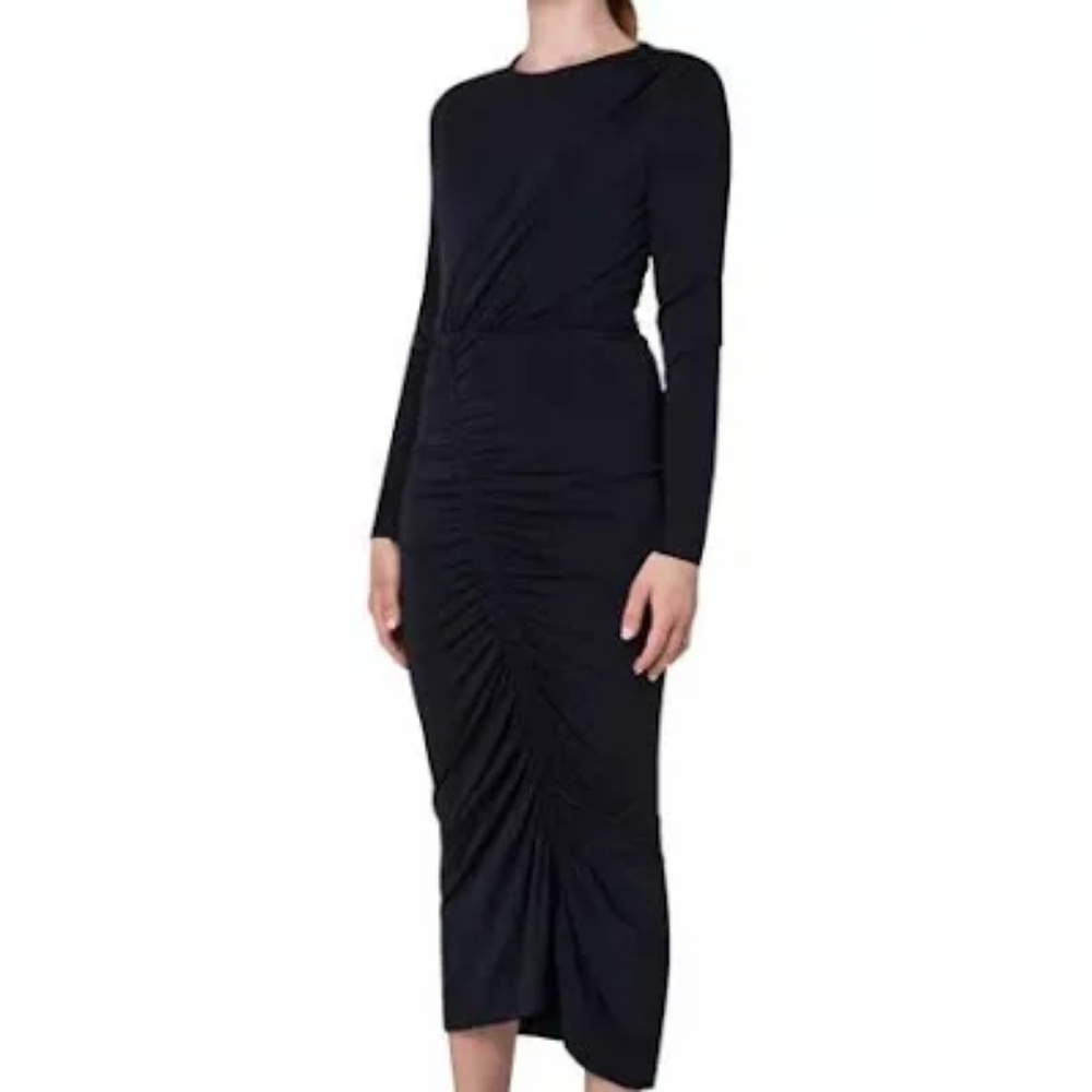 Akris Punto Ruched Black Jersey wool knit midi long sleeve dress size 16 US
